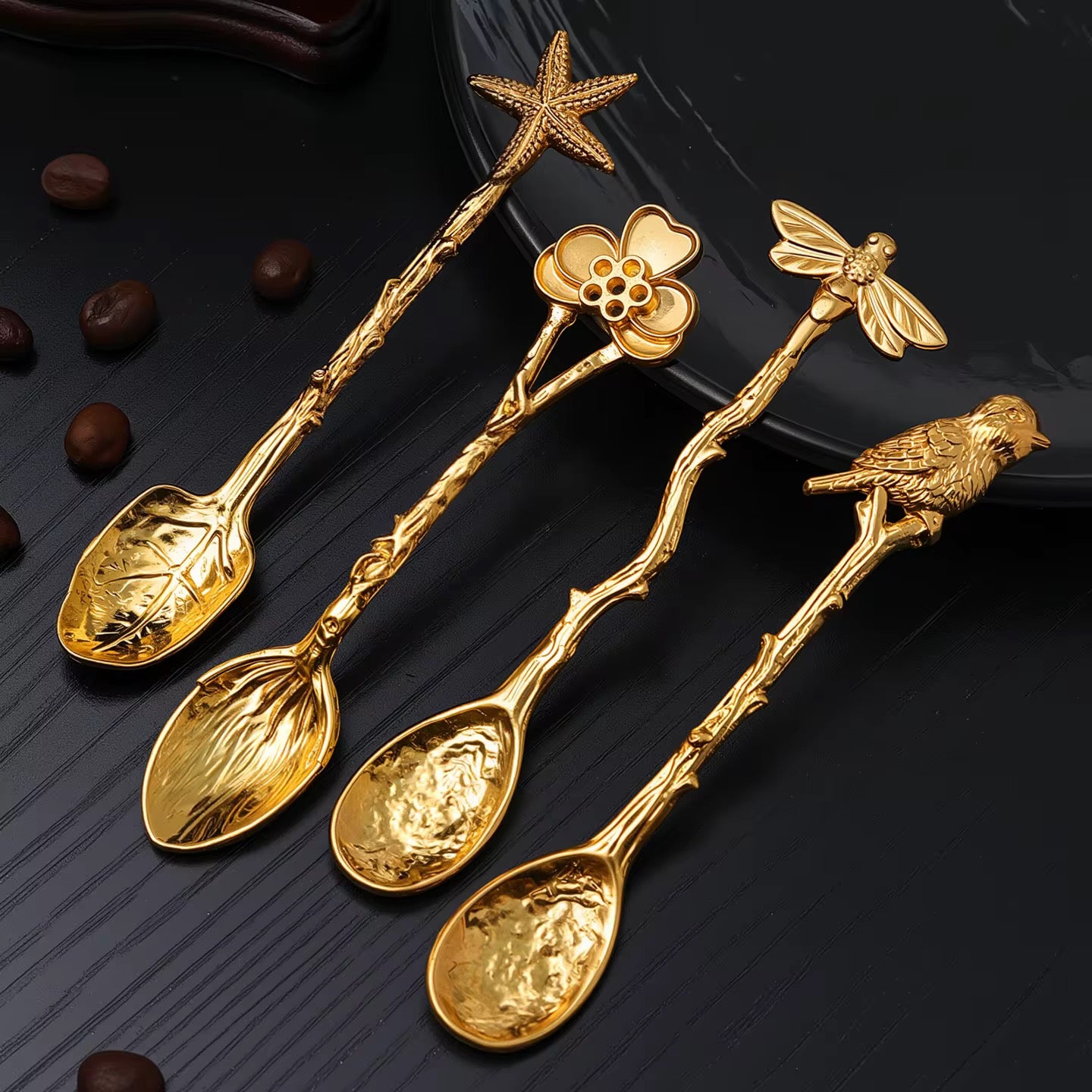 Vintage-Inspired Gold Teaspoon Set –Bird, Flower & Nature Motif Cutlery (12 pcs)