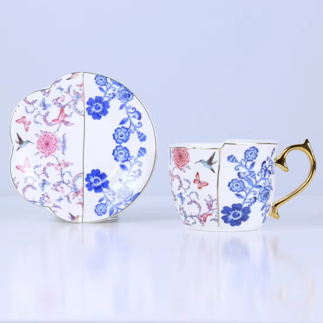 ✨ Vintage Patchwork Floral Tea Cup & Saucer Set (4 Cups + 4 Saucers + 4 Gold Spoons) ✨