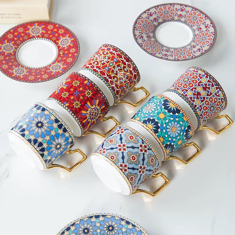 Moroccan Mosaic Coffee Cup & Saucer Set with Gold Handle (6 piece set)