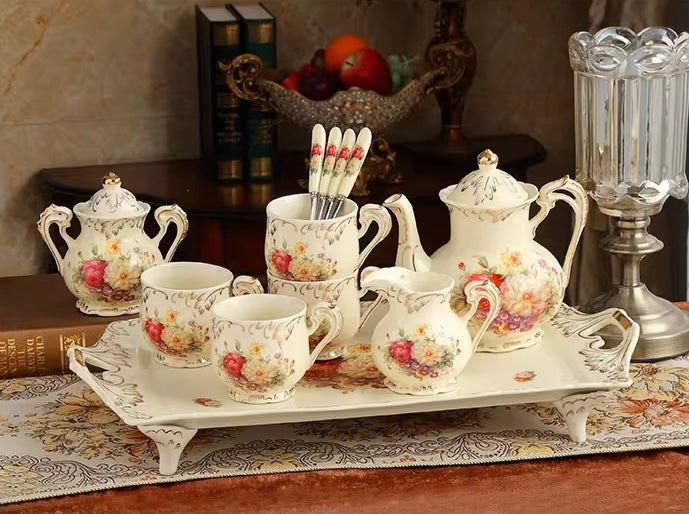 Vintage Floral Porcelain Tea Set with Serving Tray