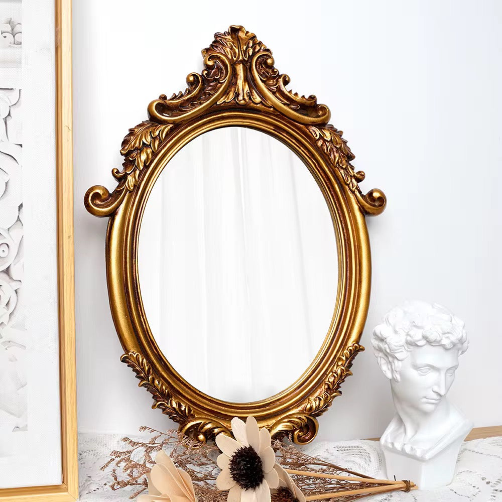 French Retro Gold Classical Resin Curved Makeup Mirror
