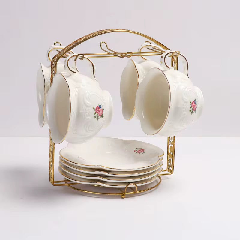 Vintage Floral Porcelain Tea Set with Teapot, Cups & Saucers and Cup Holder Frame – Elegant Afternoon Tea Collection