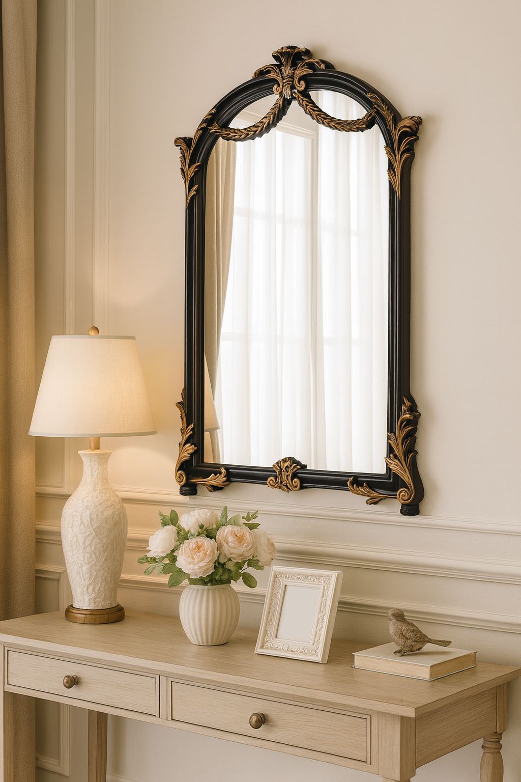 Vintage Black and Gold Ornate Arch Wall Mirror