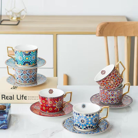 Moroccan Mosaic Coffee Cup & Saucer Set with Gold Handle (6 piece set)