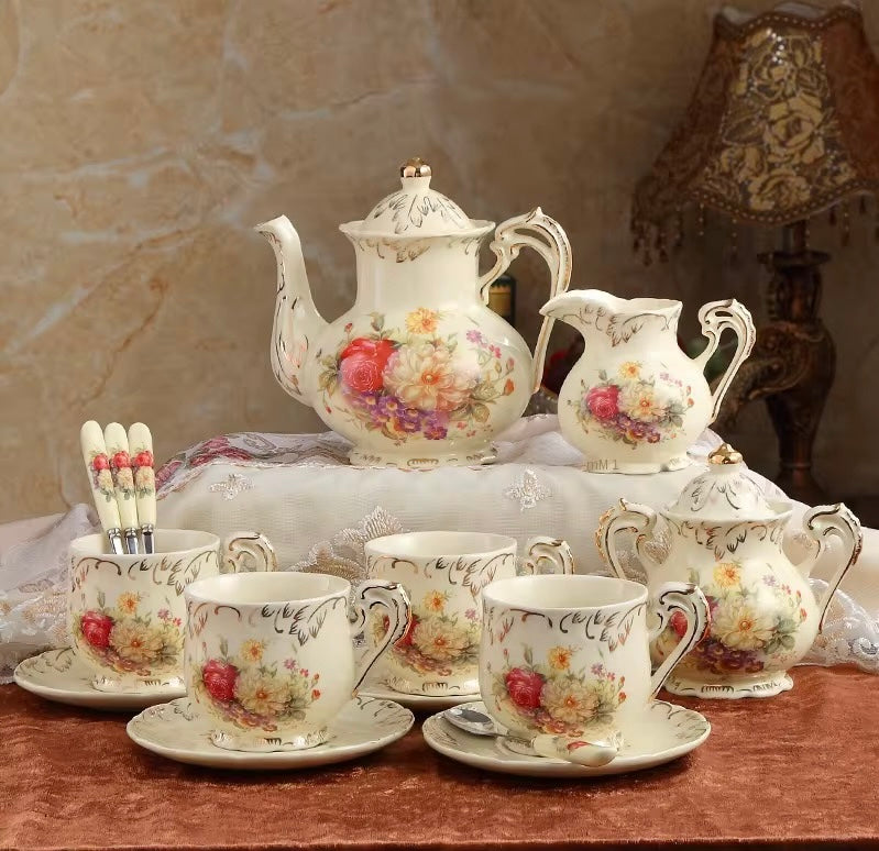 Vintage Floral Porcelain Tea Set with Serving Tray