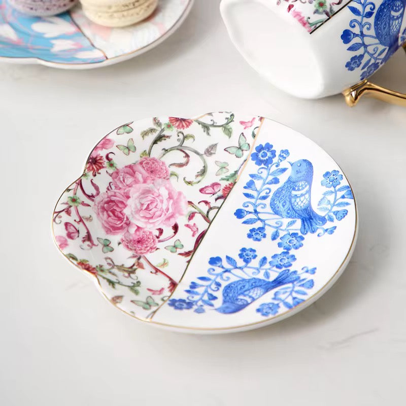 ✨ Vintage Patchwork Floral Tea Cup & Saucer Set (4 Cups + 4 Saucers + 4 Gold Spoons) ✨