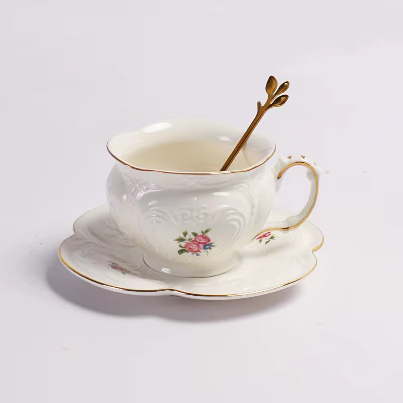 Vintage Floral Porcelain Tea Set with Teapot, Cups & Saucers and Cup Holder Frame – Elegant Afternoon Tea Collection