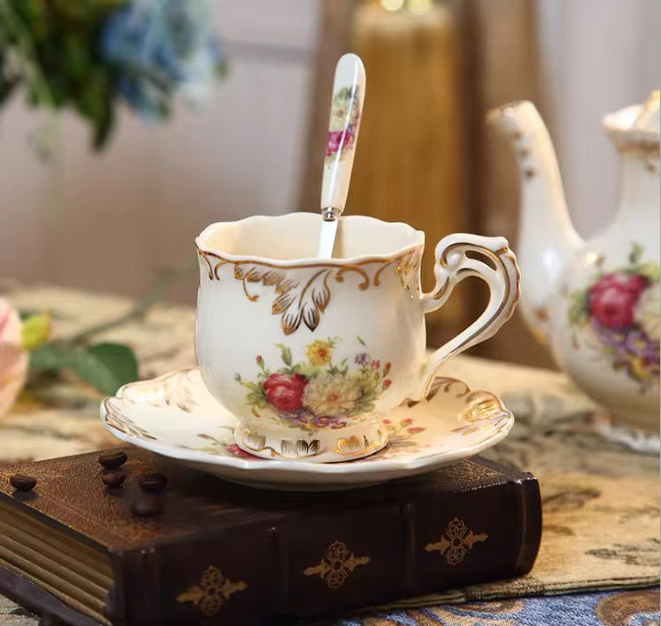 Vintage Floral Porcelain Tea Set with Serving Tray