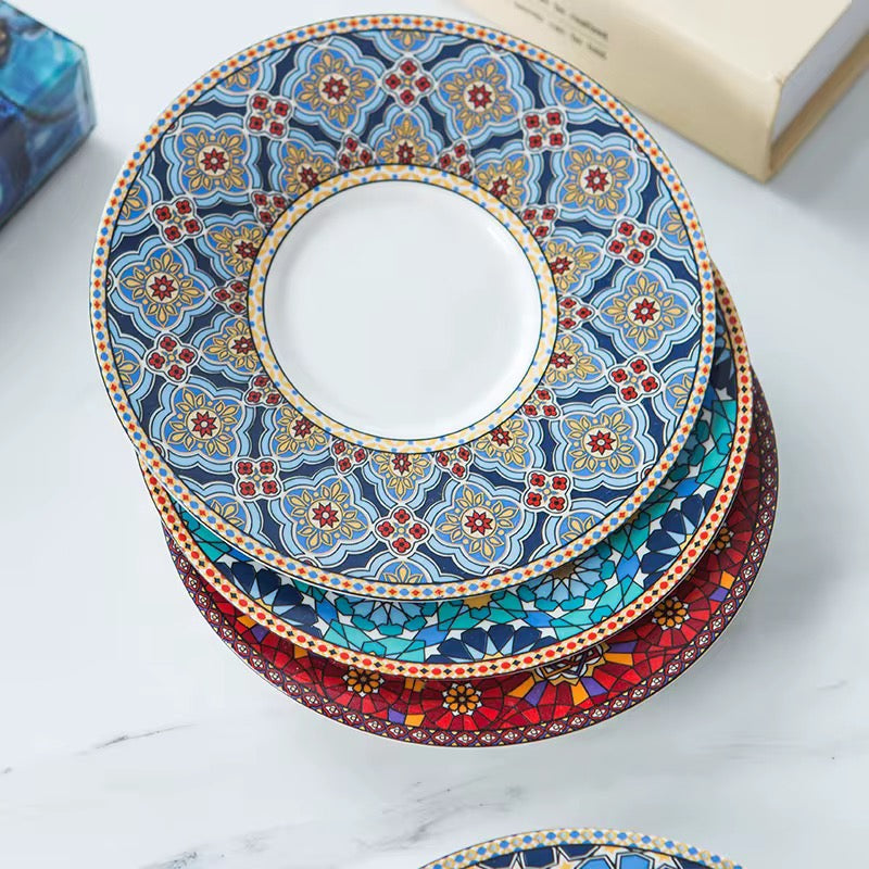 Moroccan Mosaic Coffee Cup & Saucer Set with Gold Handle (6 piece set)